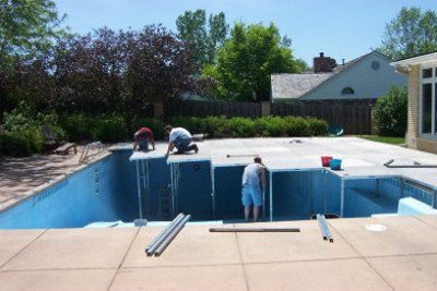 Image showing set up of decking in pool