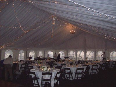 Interior view of completed tent set on decking with beautiful decorations