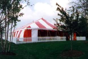 image of 40 X 60 Red and White Commercial Tent with white fence